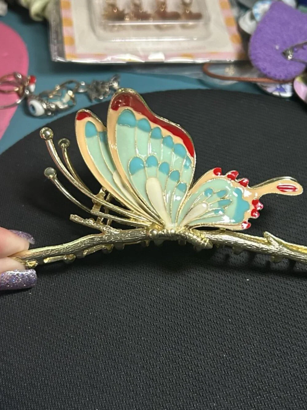 Gold Tone Enamel Butterfly on Branch Metal Hair Claw Clip